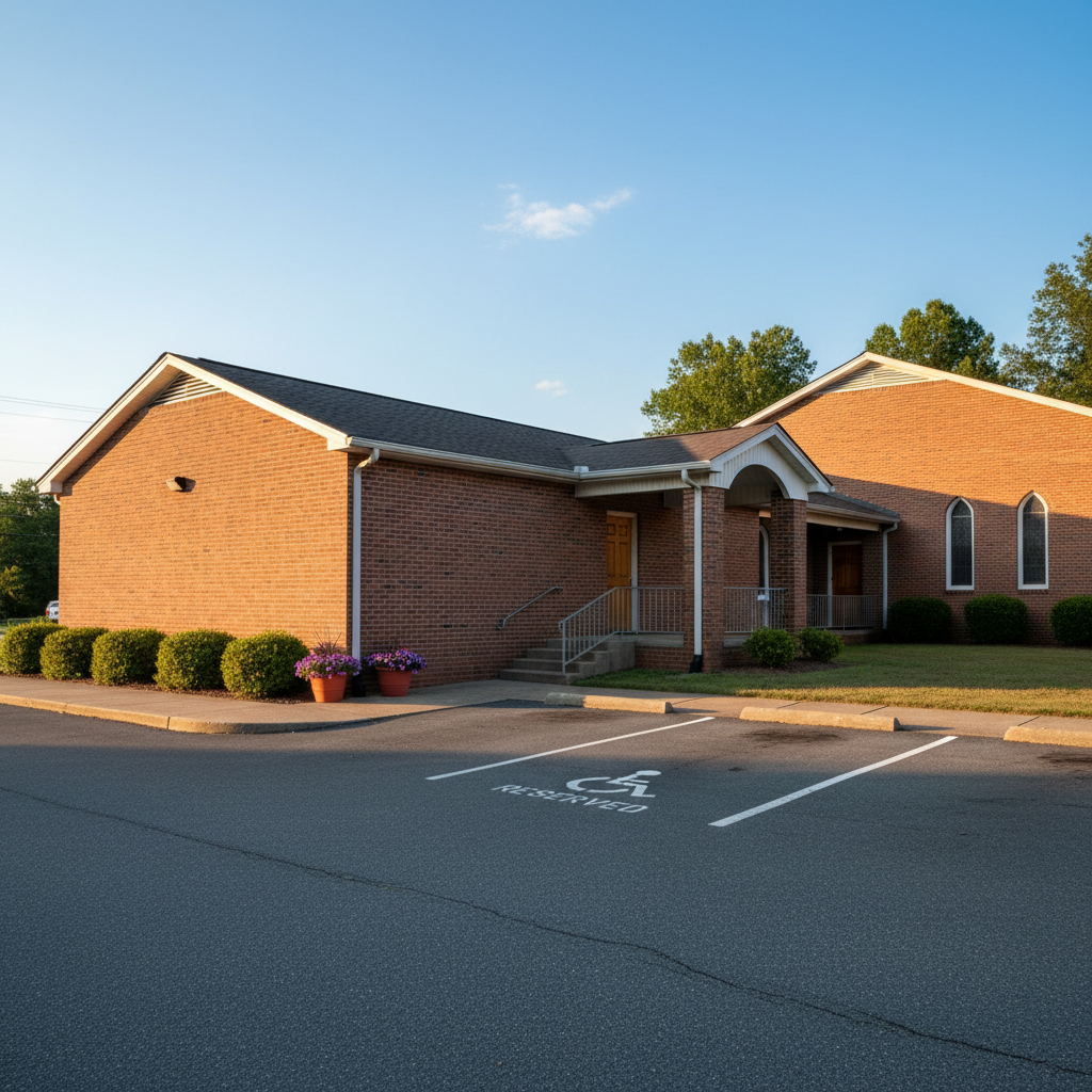 The exterior of a modest church fellowship hall adjacent to the main Northview Methodist Church building, connected by a short, covered walkway. The hall is constructed of brick matching the sanctuary, with a simple side entrance door, small set of concrete steps, and a metal handrail. A few potted plants and low shrubs soften the foundation, and painted parking spaces, including a clearly marked accessible spot, are visible in the foreground. Late afternoon sunlight casts warm tones on the brick and long, soft shadows across the parking lot, while a clear Georgia sky stretches above. Captured at a three-quarter angle in realistic photographic style, the composition balances the building and surrounding grounds, conveying practicality, hospitality, and a professional church-campus feel.