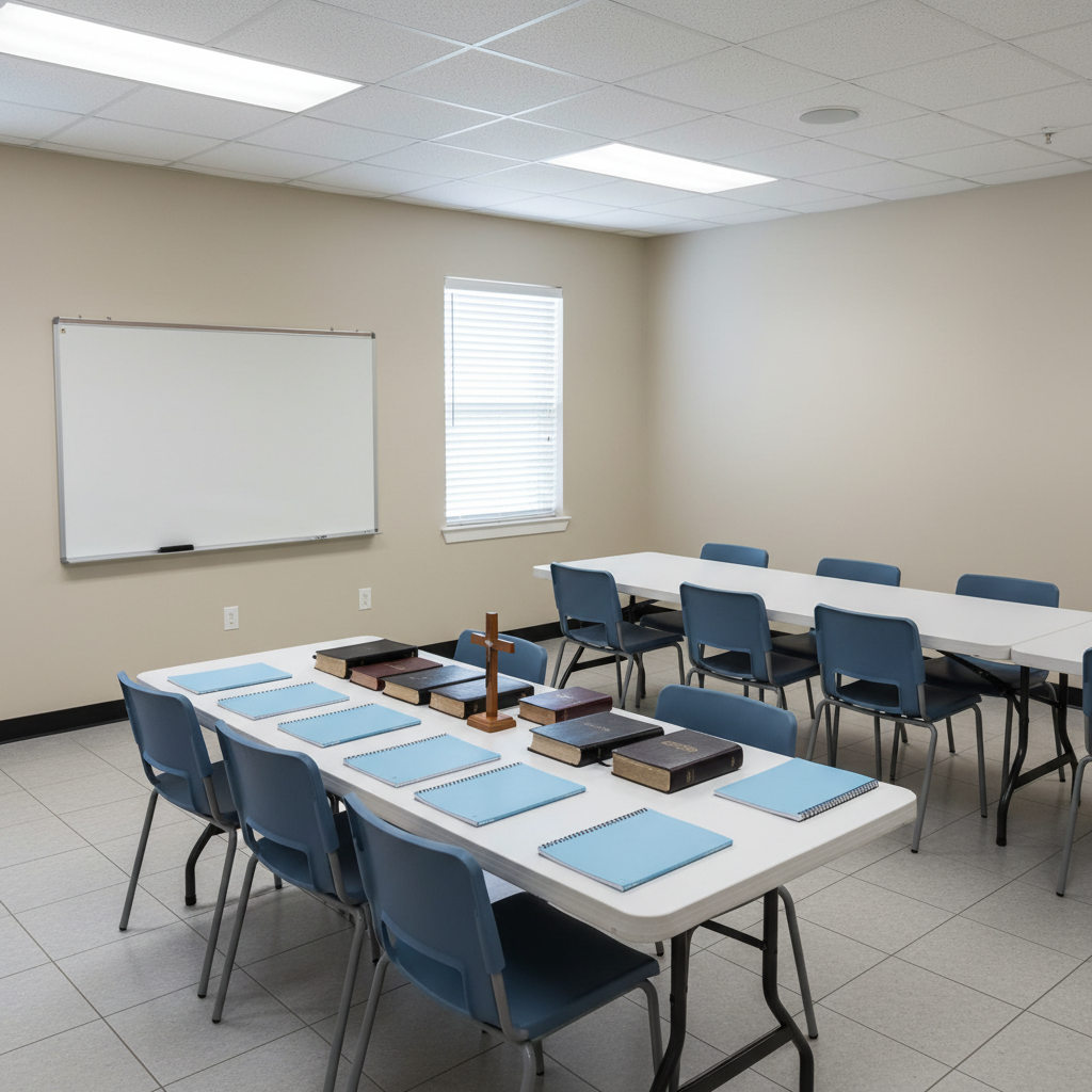 A small church classroom or fellowship room with neatly arranged rectangular tables and stackable chairs, designed for Bible study and Sunday school at an AIMs congregation. The room has light beige walls, a clean tile floor, and a large whiteboard at the front with no writing on it. On one table sits an organized grouping of closed Bibles, spiral-bound study guides, and a small wooden cross centerpiece. Fluorescent ceiling lights provide even, cool-to-neutral illumination, while a single window with blinds partially open lets in a touch of natural daylight, softening the scene. Photographed in clear, photographic realism from a slightly elevated corner perspective, the composition emphasizes orderliness and readiness, conveying a calm, professional, and welcoming environment for learning and fellowship without any people present.