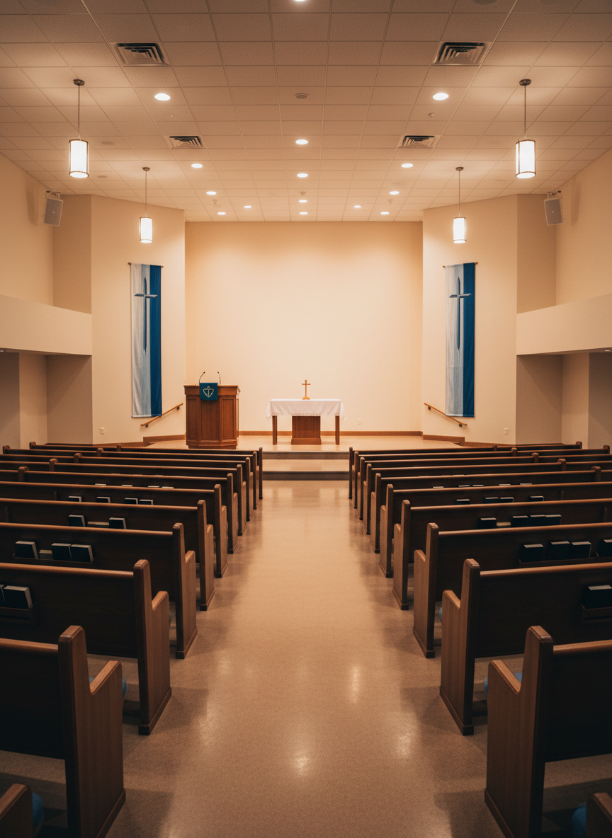 An orderly church sanctuary interior inspired by a Methodist congregation, with neat rows of wooden pews featuring soft blue cushions, all facing a modest raised platform. At the front sits a simple wooden pulpit, a communion table with a white cloth, and a small wooden cross. The walls are painted a warm, neutral off-white, with a few understated banners in blue and white displaying subtle cross designs without text. Overhead, recessed lighting and a few discrete pendant fixtures provide balanced, warm illumination, creating gentle highlights on the polished wood surfaces. Photographed in wide-angle, straight-on composition with sharp focus throughout, the scene feels calm, professional, and welcoming, ideal for representing worship space without including people.