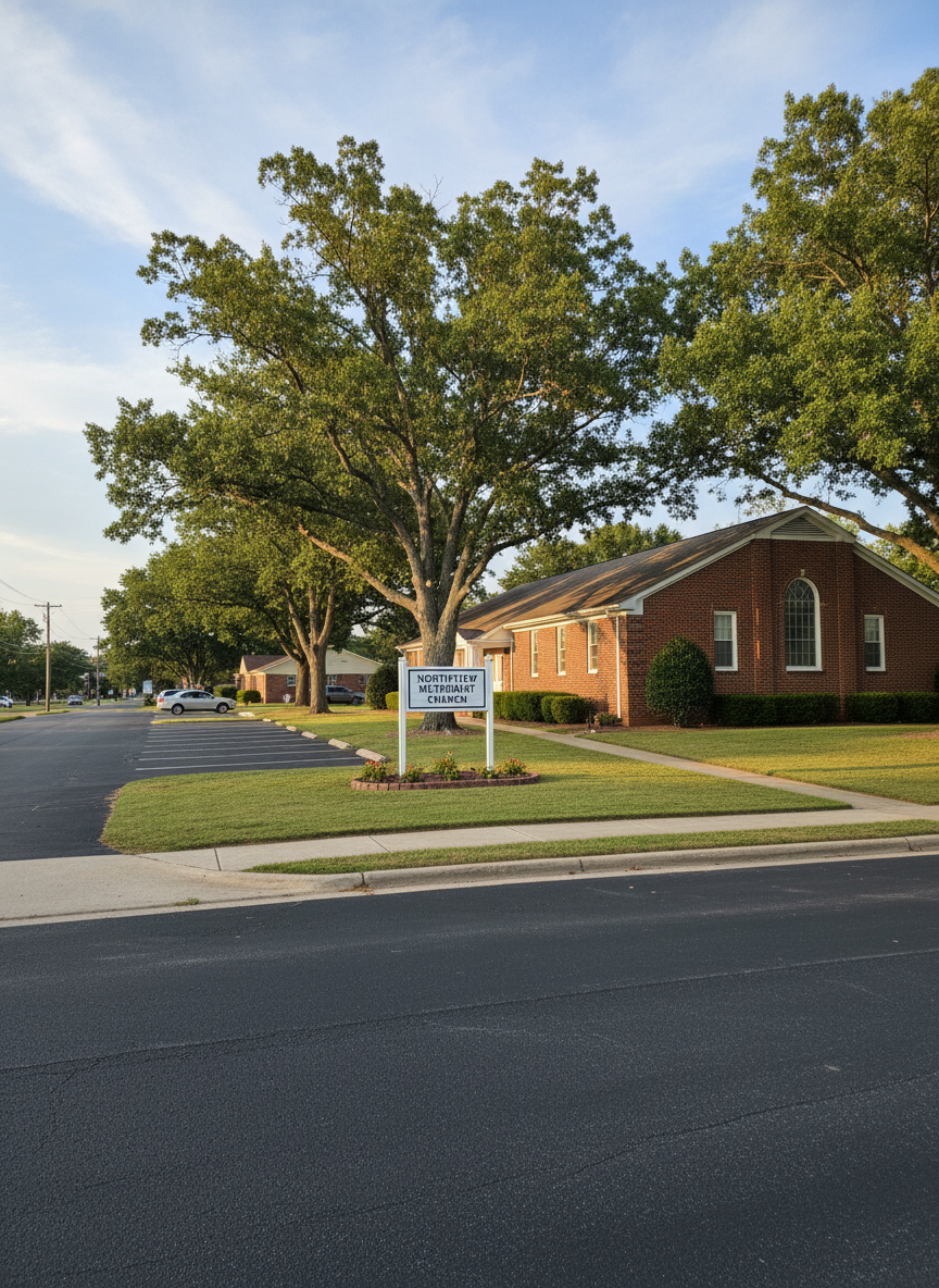 A well-kept brick church building identified as “Northview Methodist Church” on a simple white sign with dark blue lettering near the entrance, set back from a quiet Warner Robins neighborhood street. The church sits off a modest road resembling Tabor Avenue, surrounded by neatly trimmed grass, a few mature shade trees, and a small asphalt parking lot with clearly painted lines. Soft afternoon sunlight creates gentle highlights on the brickwork and casts long, welcoming shadows across the lawn. Photographed at eye level in clean, photographic realism, the composition uses the rule of thirds to balance the building, sign, and sky, creating a calm, professional, and inviting atmosphere suitable for a church website homepage hero image.