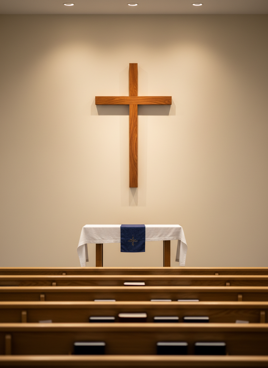 A polished wooden cross mounted on a smooth, light-colored sanctuary wall, crafted from rich, medium-toned wood with visible natural grain and a satin finish. The cross is centrally positioned above a simple altar table draped in a crisp white cloth with a dark blue runner, subtly echoing the colors of Northview Methodist Church. Warm, diffused interior lighting from recessed ceiling fixtures washes gently over the wall, creating soft shadows that give the cross depth and presence. The foreground shows a few empty rows of padded pews in shallow focus, with hymnals and Bibles neatly arranged in racks. Captured in photographic realism at a slightly elevated angle, the mood is reverent, peaceful, and professional.