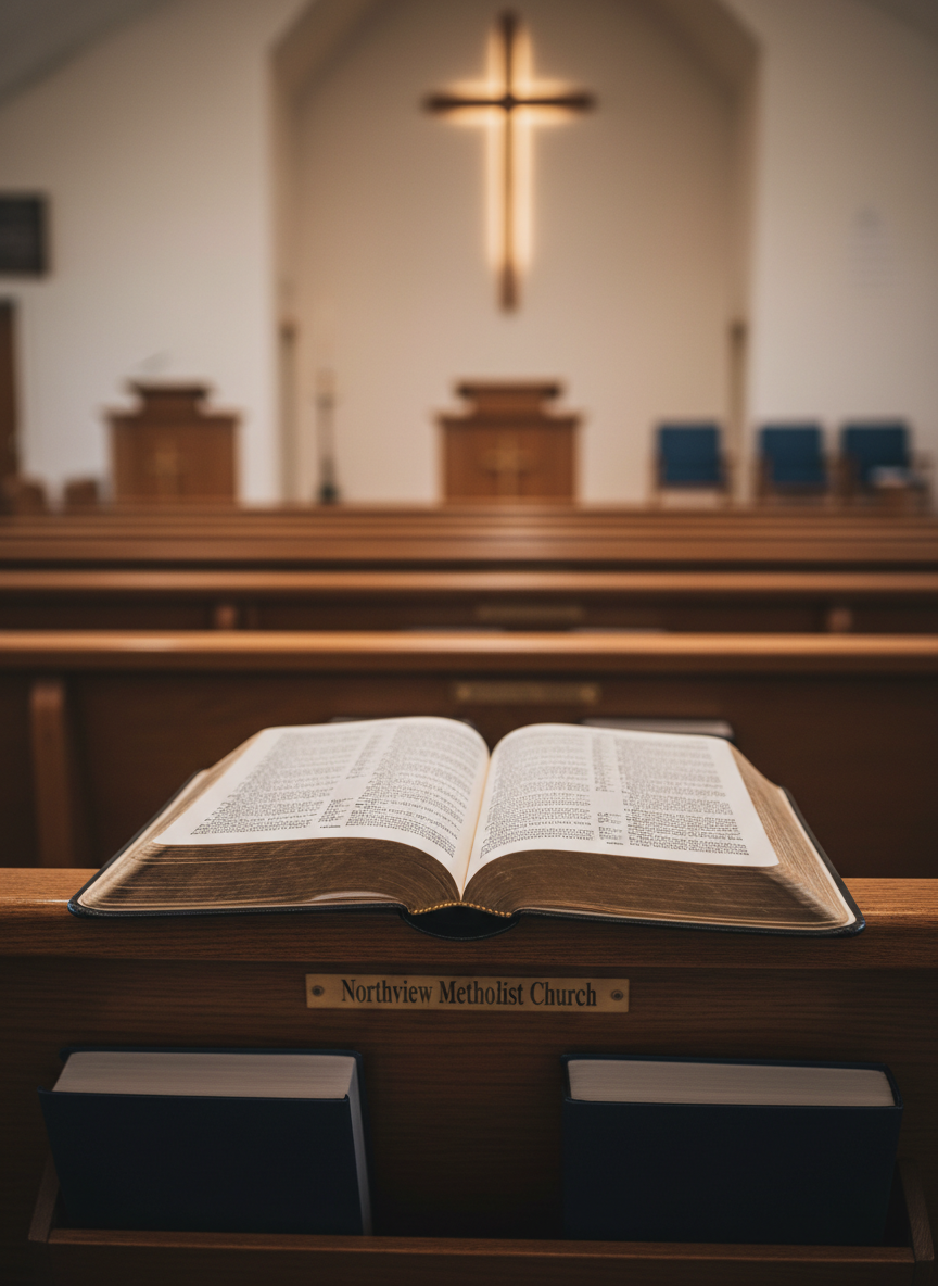 A close-up, photographic realism image of an open Bible resting on a smooth, medium-toned wooden pew in a quiet sanctuary at Northview Methodist Church. The Bible has a slightly worn black leather cover with a subtle grain texture and thin gilt page edges catching the light. It lies open to a page of clearly printed text, without highlighting or notes. In the softly blurred background, the sanctuary interior is visible: blue-cushioned pews, a simple wooden pulpit, and a cross on the front wall. Warm, gentle sanctuary lighting creates a peaceful glow, with soft shadows falling across the open pages. Captured with shallow depth of field and a slightly angled overhead view, the mood is reflective, reverent, and professional.