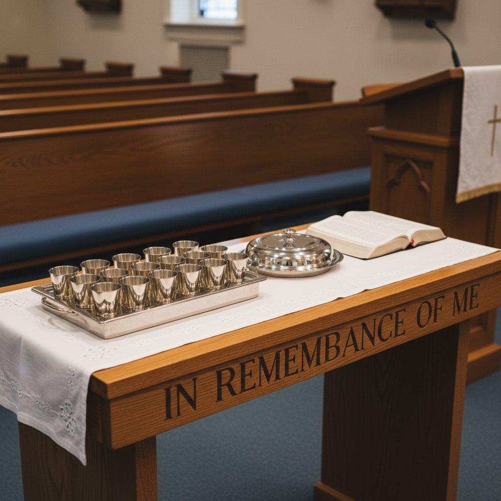 A close-up, photographic realism image of a simple wooden communion table inside a Methodist church, with the words “In Remembrance of Me” carved neatly across the front edge. On the table sit a polished silver communion tray with empty, gleaming cups and a covered silver plate, alongside an open Bible placed on a white linen cloth. The background shows a softly blurred glimpse of blue-cushioned pews and a wooden pulpit. Warm sanctuary lighting from overhead fixtures creates gentle reflections on the metal surfaces and soft shadows behind the table. Captured at eye level with moderate depth of field, the composition centers the table and text, evoking a reverent, orderly, and professional atmosphere appropriate for a traditional worship setting.